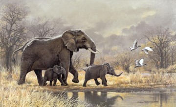 ゾウの女親と子牛 Oil Paintings